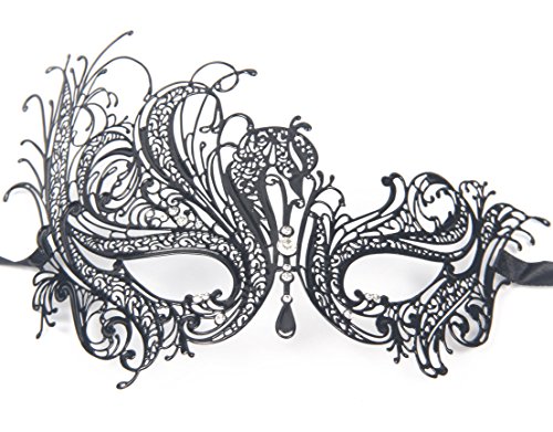 Signstek Metal Laser Cut Filigree Masquerade Venetian Party Mask, Black/Clear Stones