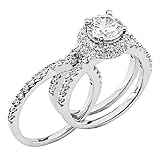 14K Yellow Gold Round-cut with Side Stone CZ Cubic Zirconia Ladies Wedding Engagement Ring & Wedding Band 2 Two Pieces Set