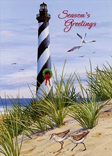 Designer Greetings Boxed Red Farm Studios Christmas Cards, Lighthouse with a Wreath and Sandpipers (Box of 18 Nautical/Coastal Holiday Cards with White Envelopes),125-00840-000