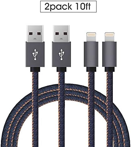 YELLWWORS 2 Pack 10ft Extra Long Denim braided Charging Cable Lightning to USB Cord Cable Charger for Apple