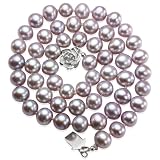 Lavender AAA Cultured Pearl Strand Necklace w. Platinum Overlay CAREFREE Sterling Silver Rose Clasp (LS1R2)