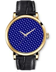 SPRAWL Aanalog Fashion Series Gold Ladies Watches of Genuine Black Leather Strap,Unique Wrist Watch for Women Girls Designed with White dots on blue background strong