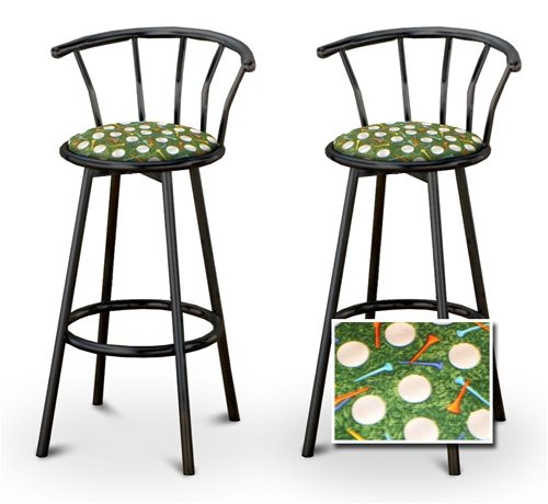2 Golf Themed Fabric Specialty / Custom Black Barstools with Backrest Set