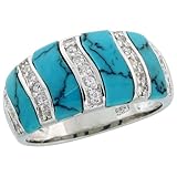 51cCSqlWbLL. SL160  Sterling Silver Cigar Band Ring w/ 4 Section Synthetic Turquoise Inlay and Cubic Zirconia Stones, 3/8 (10mm) wide, size 8
