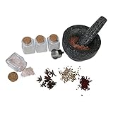 Granite Mortar and Pestle with Four Spice Jars and Funnel Gift Set Bundle