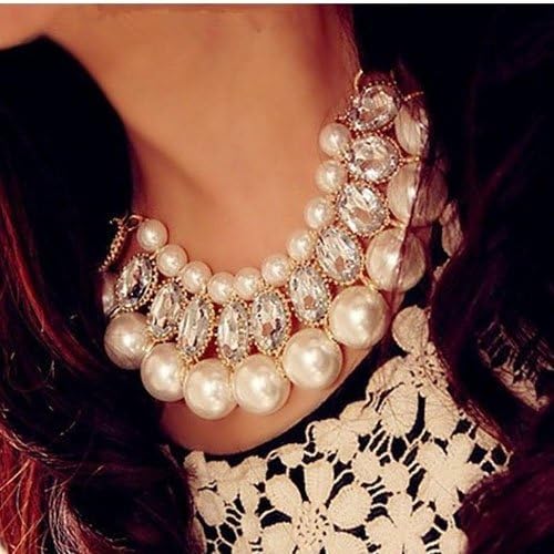 Lady Three-layer Pearl Bead Cloth Collar Statement Necklace Ribbon Closure