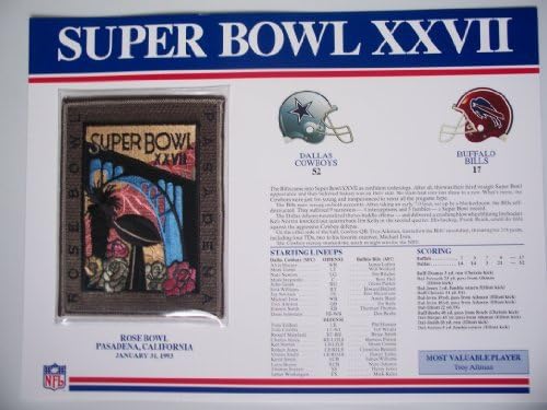 1992 Dallas Cowboys vs Buffalo Bills NFL Super Bowl 27 (XXVII) 1993 Troy Aikman MVP Willabee Ward Patch and Stat Panel Card by Wilabee Ward