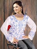 White with Turquoise embroidery georgette Kurti / Tunic