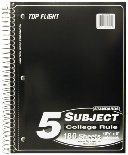 Top Flight Standards 5-Subject Wirebound Notebook, 180 Sheets, 3-Hole Punched, College Rule, 10.5 x 8 Inches, 1 Notebook, Color May Vary (31805) Top Flight Standards 5-Subject Wirebound Notebook, 180 Sheets, 3-Hole Punched, College Rule, 10.5 x 8 Inches, 1 Notebook, Color May Vary (31805)