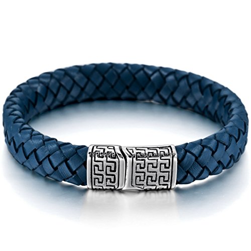 Silver Blue Stainless Steel Genuine Leather Bracelet Bangle Cuff Greek Braided