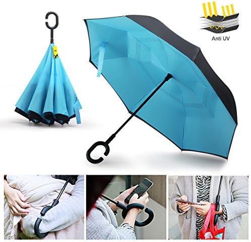 MOZON Reversible Umbrella Double Layer Inverted Windproof Sun Umbrella UV Blue