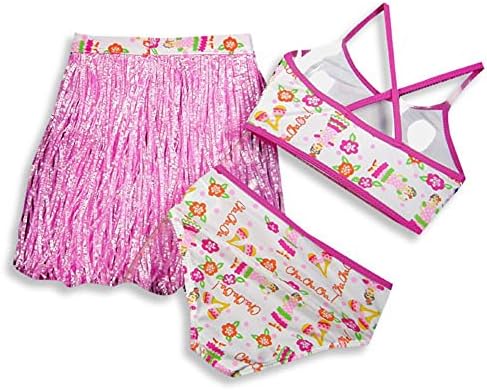 Castaways - Little Girls 3 Piece Swimwear Set, Bikini and Hula Skirt, Pink, White 13053-3T