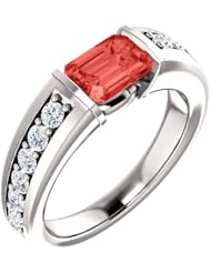 Platinum 7.00x5.00mm Emerald Cut Chatham Created Padparadscha Sapphire and Diamond Ring -- LIFETIME WARRANTY