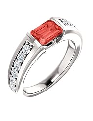 10K White Gold 7.00x5.00mm Emerald Cut Chatham Created Padparadscha Sapphire and Diamond Ring -- LIFETIME WARRANTY
