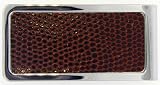BROWN TEXTURED LIZARD LEATHER SLIDE IN MONEY CLIP FRAMED IN SILVER.