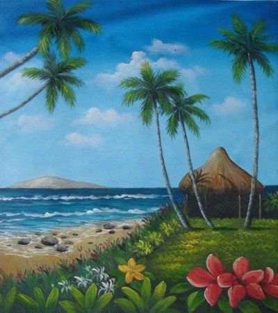 Tropical Ocean Beach House Oil Painting On Canvas Signed By Artist (Unframed)