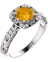 18K White Gold 6.00mm Round Cut Citrine and Diamond Ring -- LIFETIME WARRANTY