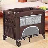 MOM&BABY プレイヤード 折りたたみ 転覆防止 ポータブル 蚊帳付き 収納袋付き 簡易ベビーベッド コンパクトに収納 (コーヒー)