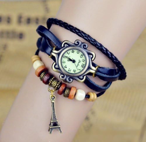 Romantic Eiffel Tower Charm Black Color Women Ladies Weave Leather Belt Bracelet Watch