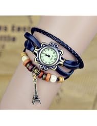 Romantic Eiffel Tower Charm Black Color Women Ladies Weave Leather Belt Bracelet Watch
