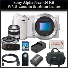 Sony Alpha Nex-5N Kit with 16mm & 18-200mm Lenses. Package Includes: Sony Nex5N Digital Camera Body(White), Sony E-Mount SEL16F28 16mm f/2.8 Wide-Angle Alpha E-Mount Lens, Sony E-Mount 18-200mm f/3.5-6.3 Zoom Lens, Extended Life Battery, 16GB Memory Card & Much More!