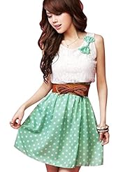 Scoop Neck Polka Dot Print Elasticized   Waistline Chiffon Sleeveless Sheer Belted Lace-Up Skater Dress/Mini Dress 