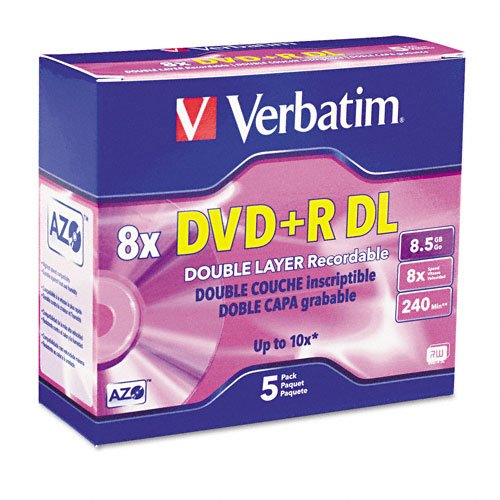 Verbatim® Dual-Layer DVD+R Discs, 8.5GB, 8x, with Jewel Cases, Five/Pack, Silver