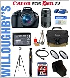 Canon Rebel T3 122 MP CMOS Digital SLR Camera with EF-S 18-55mm IS II Lens Kit Canon EF 75-300mm III Telephoto Zoom Lens LEXSpeed 32GB SDHC Class10 Memory Card LPE10 Spare Battery Multi-Coated Essential UV Filter Sunpak 6600DX Digital Tripod Canon Deluxe Gadget Bag Much More Willoughbys Est 1898 Double Lens Amateur Incentive Bundle