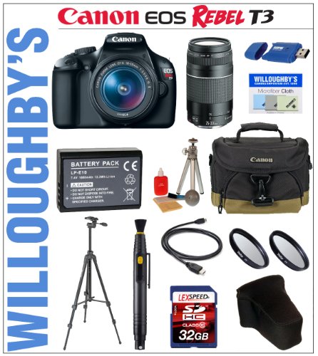 Canon Rebel T3 12.2 MP CMOS Digital SLR Camera with EF-S 18-55mm IS II Lens Kit + Canon EF 75-300mm III Telephoto Zoom Lens + LEXSpeed 32GB SDHC Class10 Memory Card + LPE10 Spare Battery + Multi-Coated Essential UV Filter + Sunpak 6600DX Digital Tripod + Canon Deluxe Gadget Bag &amp; Much More! Willoughby's Est 1898 Double Lens Amateur Incentive Bundle