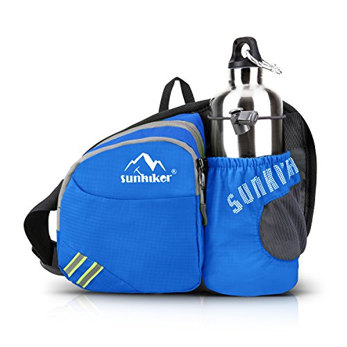 Outdoor Waist Bag, Sunhiker Sports Water Resistant Waist Pack with Water Bottle (Not Included) Holder, Running Belt Bag Pouch Fanny Pack for Hiking Running Cycling Camping Climbing Travel(Blue)