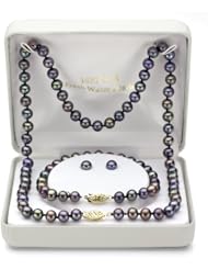 14k Yellow Gold 6-7mm Black Freshwater Pearl Necklace 18" Length with Bracelet 7" and Stud Earring Sets.