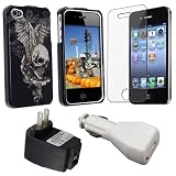 Apple® iPhone® accessories kits Skull Wing Snap-on Case + 2 Port USB Travel Charger Adapter Black + USB Car Charger Adapter White + Reusable Screen Protector Compatible With Apple® iPhone® 4