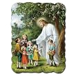 Wood Plaque - Jesus with Children - Mounted on Wood with Scrolled Edges - 11.75"x16" - MADE IN ITALY