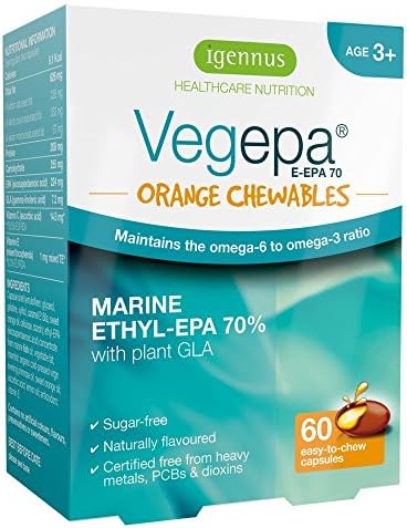 Vegepa E-EPA 70 Chewables - pure fish oil for children - EPA-only chewable Omega-3 60 capsules (Pack of 2)