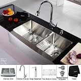 Kraus KHF203-36-KPF1621-KSD30CH 36 inch Farmhouse Double Bowl Stainless Steel Kitchen Sink with Chrome Kitchen Faucet and Soap Dispenser