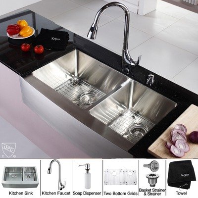 Kraus KHF203-36-KPF1621-KSD30CH 36 inch Farmhouse Double Bowl Stainless Steel Kitchen Sink with Chrome Kitchen Faucet and Soap Dispenser
