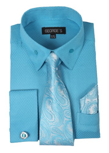 George's Dress Shirt w/ Matching Tie,Hankie,Cuff & Cufflink AH619-Aqua-19-19 1/2-36-37