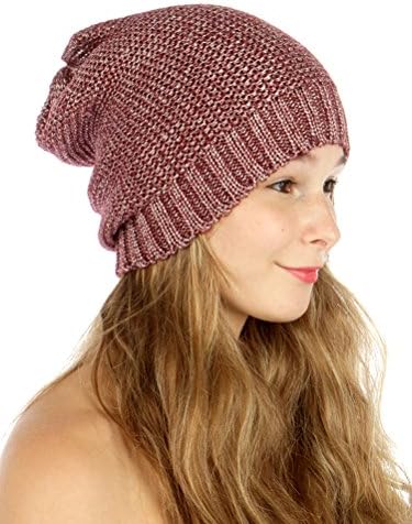 Slouchy Metallic Knit Beanie Hat (Burgundy)