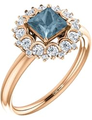 14K Rose Gold Princess Cut Blue and White Diamond Flower Inspired Ring -- LIFETIME WARRANTY
