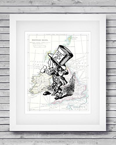 8x10 Fine Art Print, The Mad Hatter, Alice in Wonderland Decorations, a John Tenniel Illustration. Overlaid on a 19th Century Reproduction Map of the British Isles, Size: 8x10 Inches (WMH2Map810)