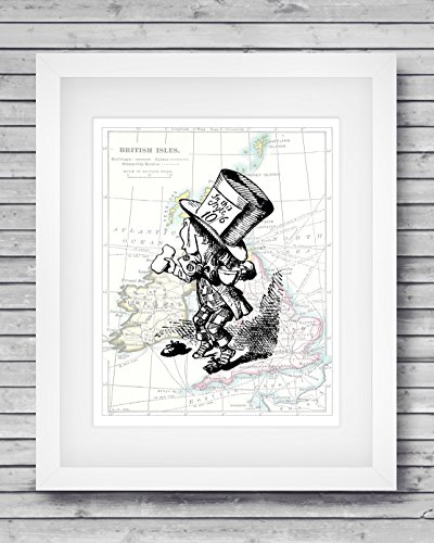 8x10 Fine Art Print, The Mad Hatter, Alice in Wonderland Decorations, a John Tenniel Illustration. Overlaid on a 19th Century Reproduction Map of the British Isles, Size: 8x10 Inches (WMH2Map810)