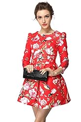 Puff Sleeves Floral Print Flared-Skirt Mini Dress 