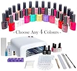 NK1 Gel Nails UV/LED Professional Pick&Mix YouChoose 4. Full Starter Kit with 36W UV Lamp, All Accessories Included plus 10 CND Shellac Wraps, CND Solar Oil, NK1 Prep&Shine mini, 100ml Acetone Remover with ANY 4 COLOURS OF YOUR CHOICE plus TOP&BASE COATS