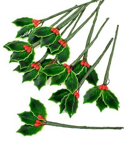 Package of 36 Miniature Lacquered Holly Leaves with Bright Red Berry Stems for Holiday Crafts and Floral Projects