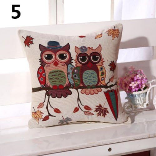 Khaopan Decorative-Embroidered Owl Tree Linen Throw Pillow Case Home Sofa Decor Cushion Cover Type4