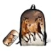 Primary Backpack with pencil Bag,3D Horse Pattern for Students Book Bag