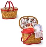 Picnic Time Catalina Rose Oval Shaped Willow & Bamboo Basket w/ Deluxe Service For 2 (Red/Rose)