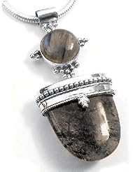 Sterling Silver Labradorite Blue Green Moonstone and Rutilated Quartz Pendant