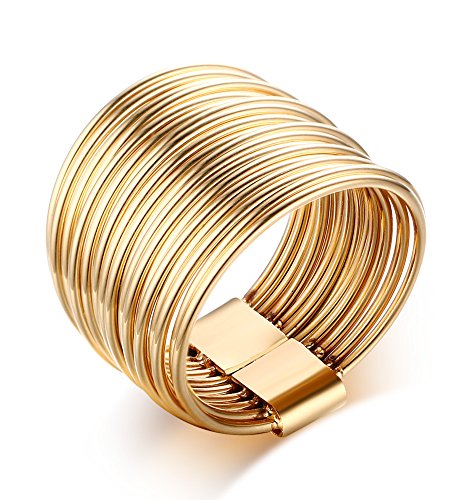 Gold Plated Stainless Steel 10 Multi Plain Bands Interlocked Stacked Ring Set, Wide Statement Rings, Size 8