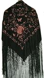 Silk Embroidery Piano Shawl: Black with Red Brown Flamenco Floral & Butterflies 63